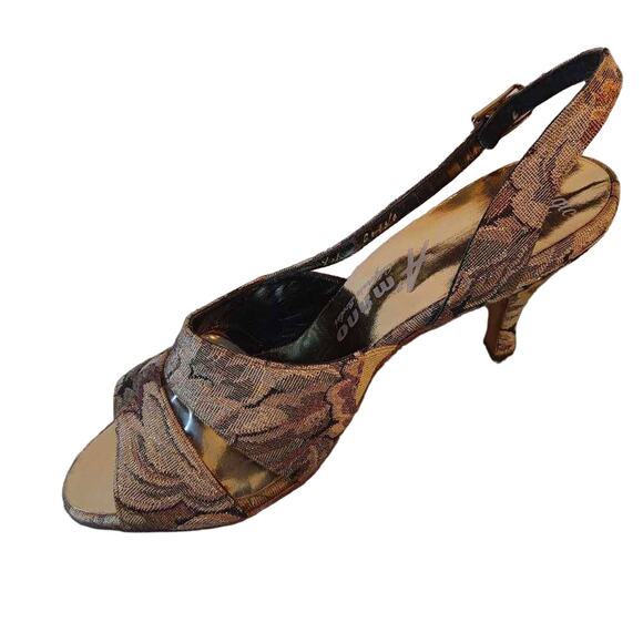 A’mano Women's Cut Out Heel Brown Vegan Floral Fabric Ankle Strap Mid 8 N New - Picture 3 of 11